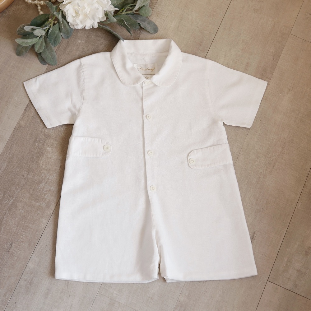 Strasburg Boy White Linen Romper Shortall NEW Size 3 Beach Portrait Ring Bearer - Picture 4 of 10